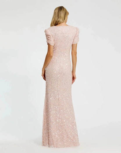 Mac Duggal Pink Gathered Short Sleeve Embellished Gown