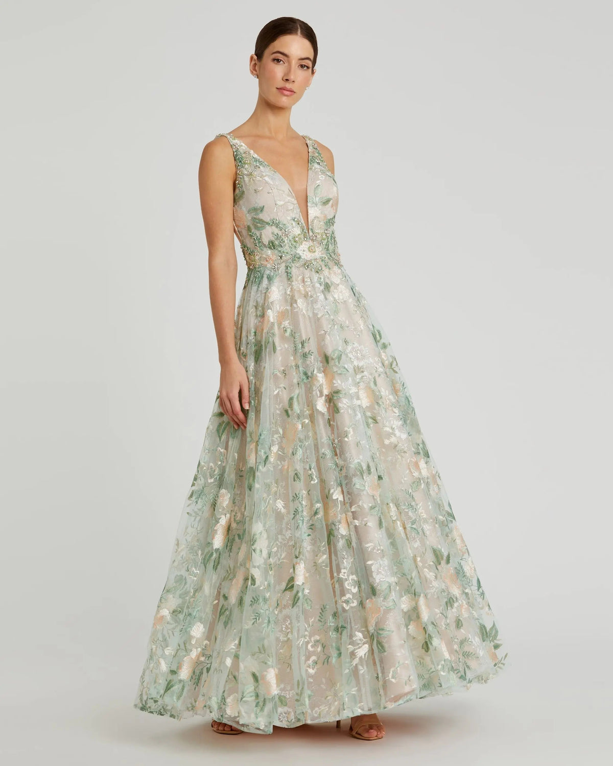 Mac Duggal Multicolor Floral Embroidered Illusion V-Neck Gown