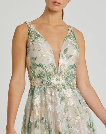 Mac Duggal Multicolor Floral Embroidered Illusion V-Neck Gown