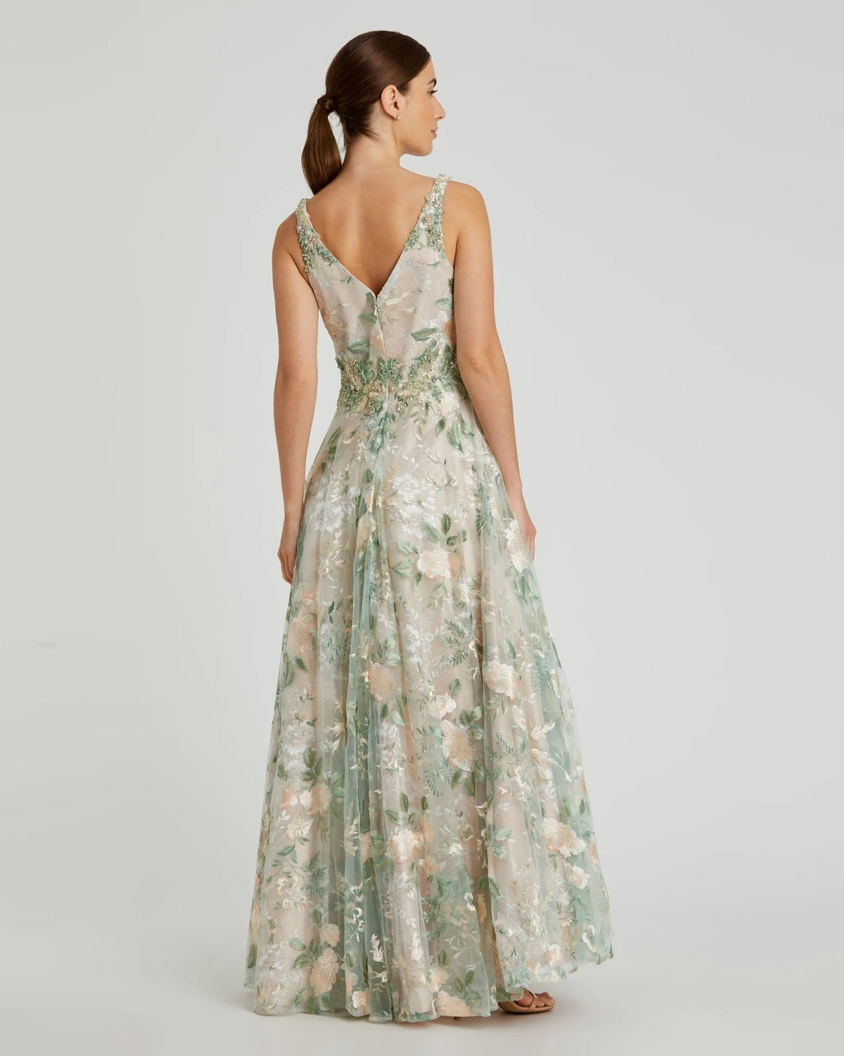Mac Duggal Multicolor Floral Embroidered Illusion V-Neck Gown