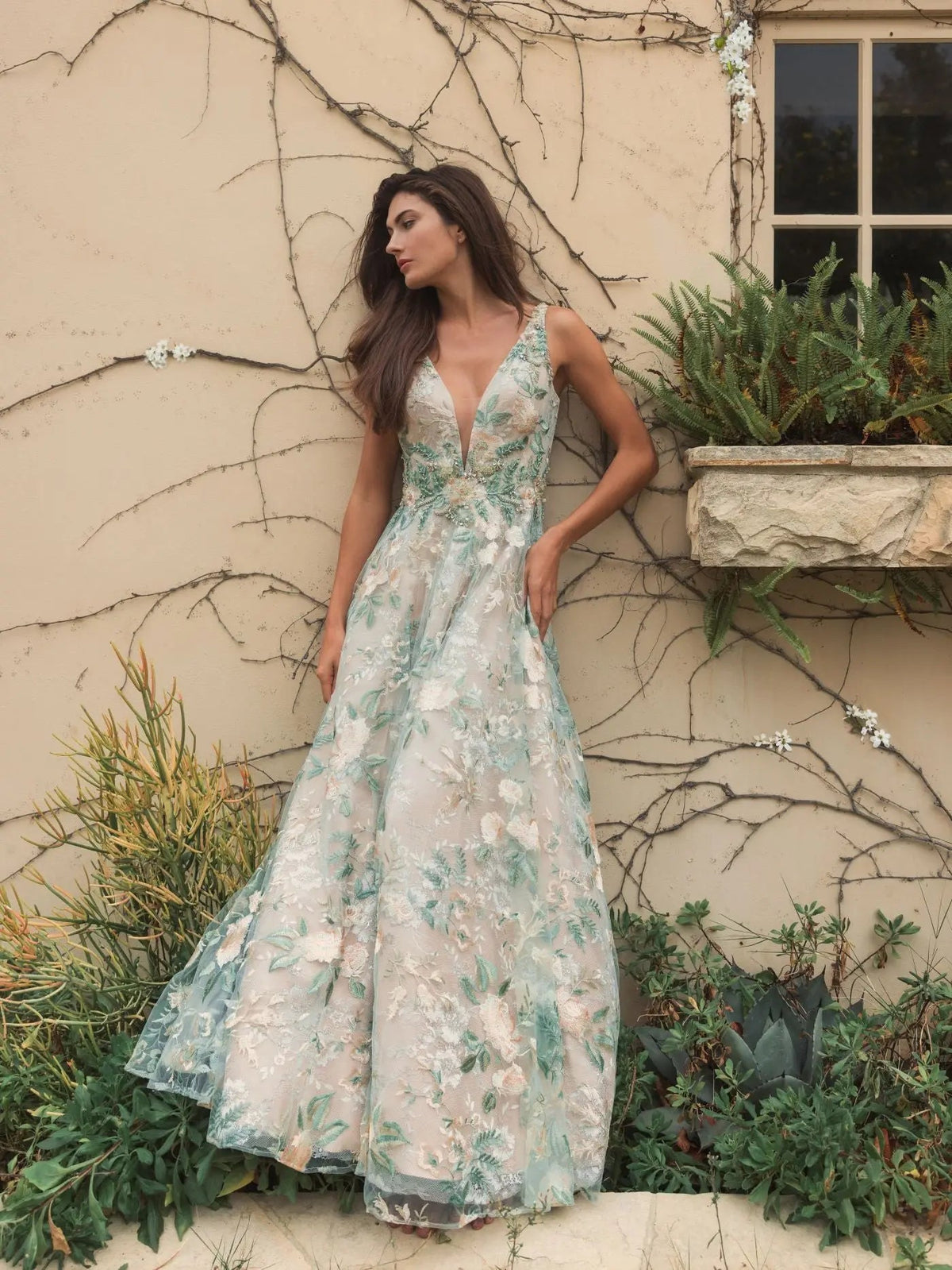Mac Duggal Multicolor Floral Embroidered Illusion V-Neck Gown