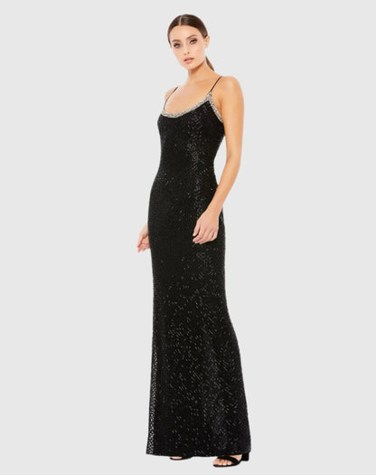 Mac Duggal Black Beaded Spaghetti Strap Column Gown