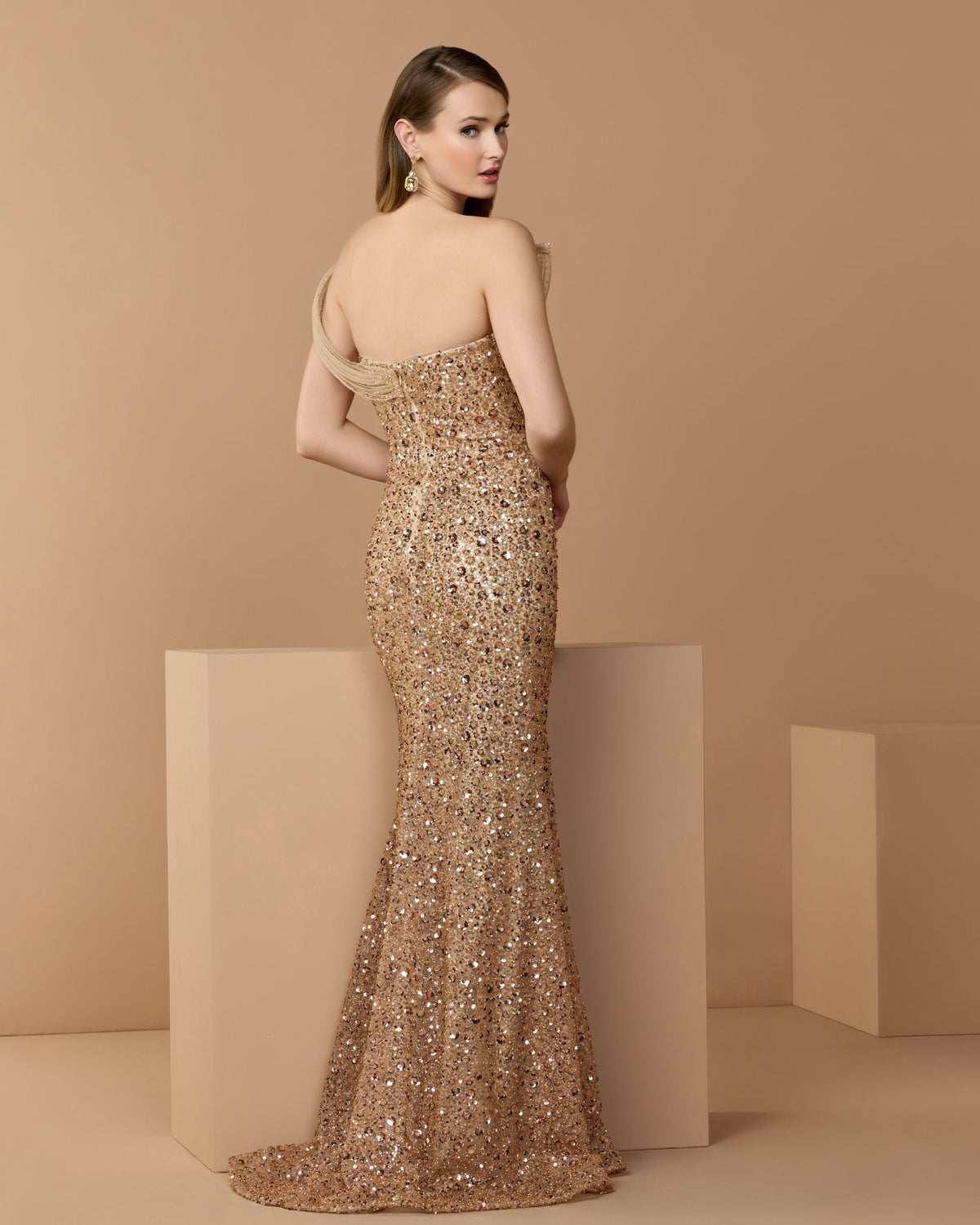 Mac Duggal Gold Embellished Strapless Gown With Sculptural Drape