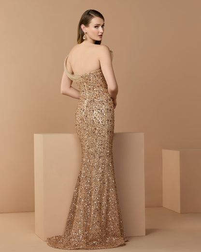 Mac Duggal Gold Embellished Strapless Gown With Sculptural Drape