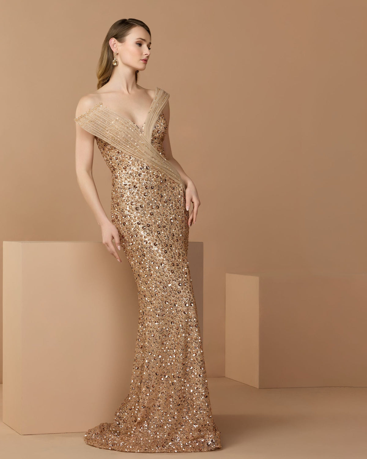 Mac Duggal Gold Embellished Strapless Gown With Sculptural Drape
