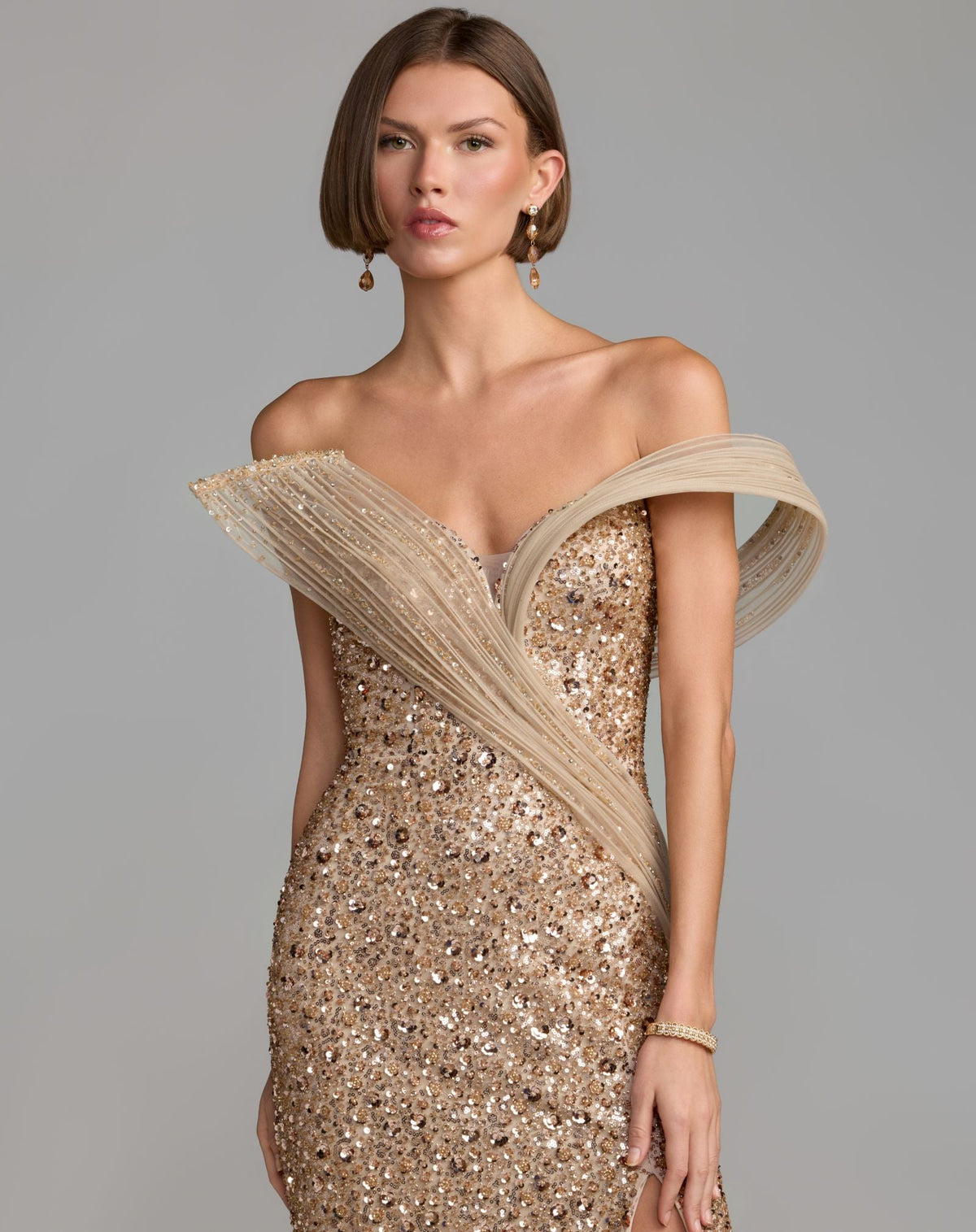 Mac Duggal Gold Embellished Strapless Gown With Sculptural Drape