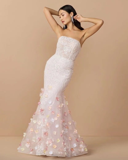 Mac Duggal Pink Strapless Embellished Mermaid Gown With 3D Floral Hem