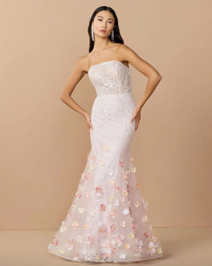 Mac Duggal Pink Strapless Embellished Mermaid Gown With 3D Floral Hem