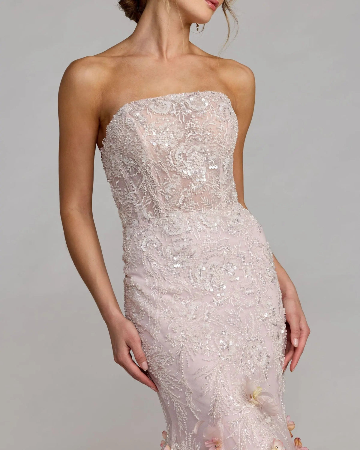 Mac Duggal Pink Strapless Embellished Mermaid Gown With 3D Floral Hem