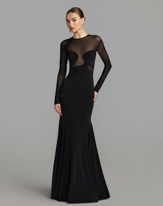 Mac Duggal Black Long Sleeve Sheer Detail Mermaid Jersey Gown
