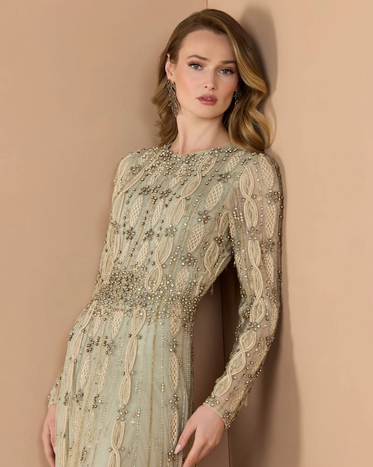 Mac Duggal Green Embellished Long Sleeve A-Line Gown