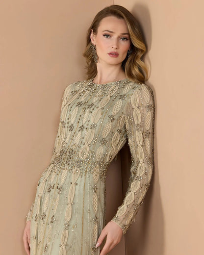 Mac Duggal Green Embellished Long Sleeve A-Line Gown