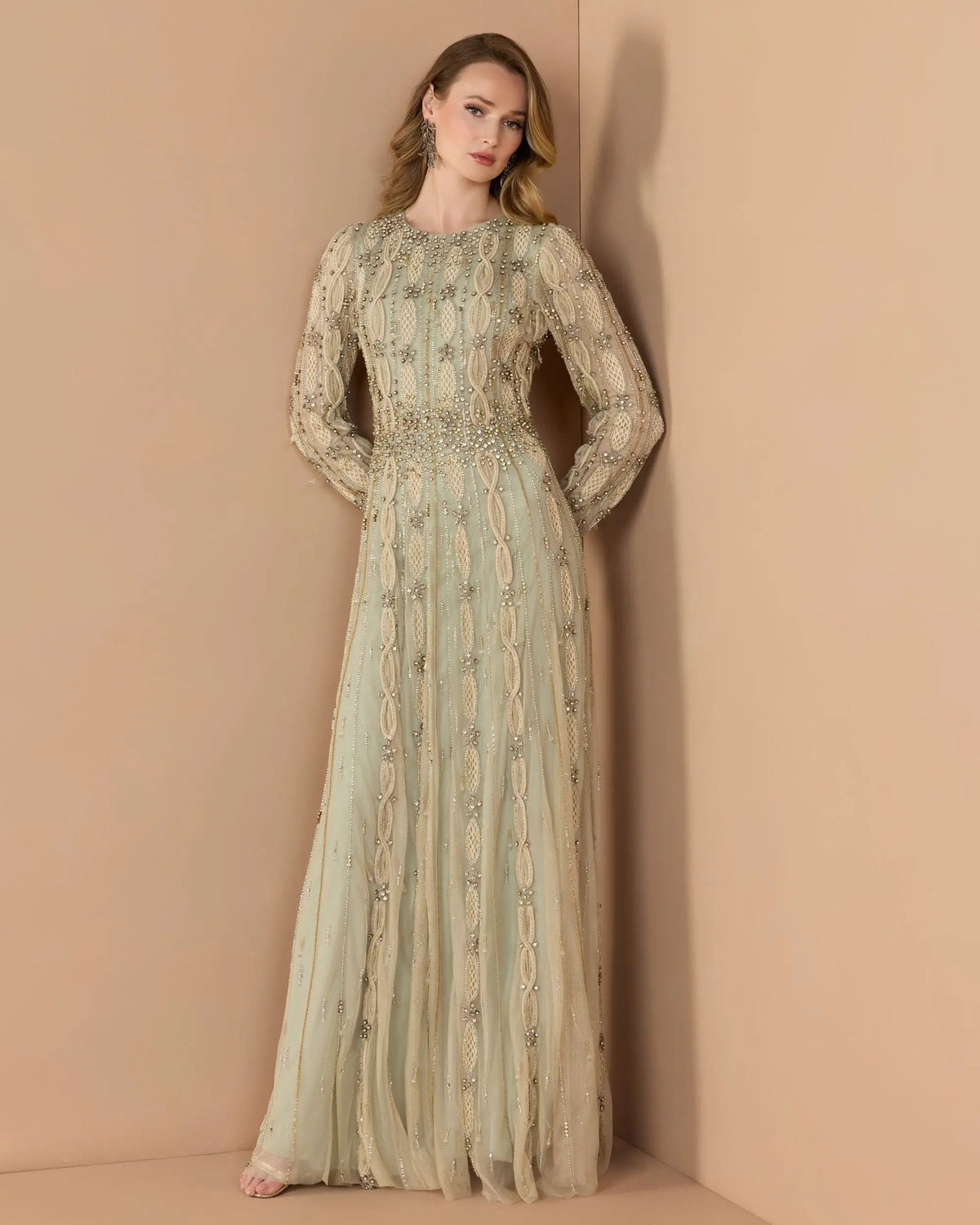 Mac Duggal Green Embellished Long Sleeve A-Line Gown