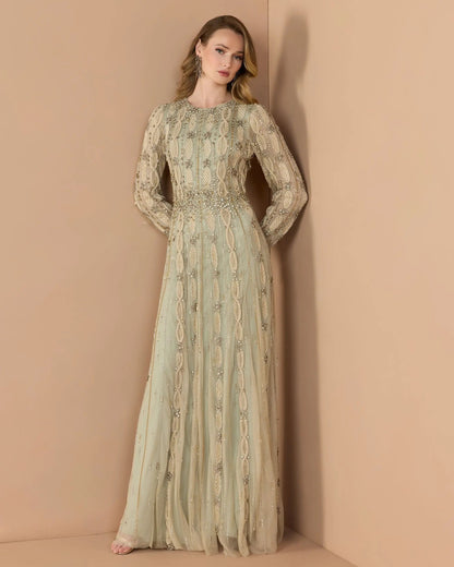 Mac Duggal Green Embellished Long Sleeve A-Line Gown