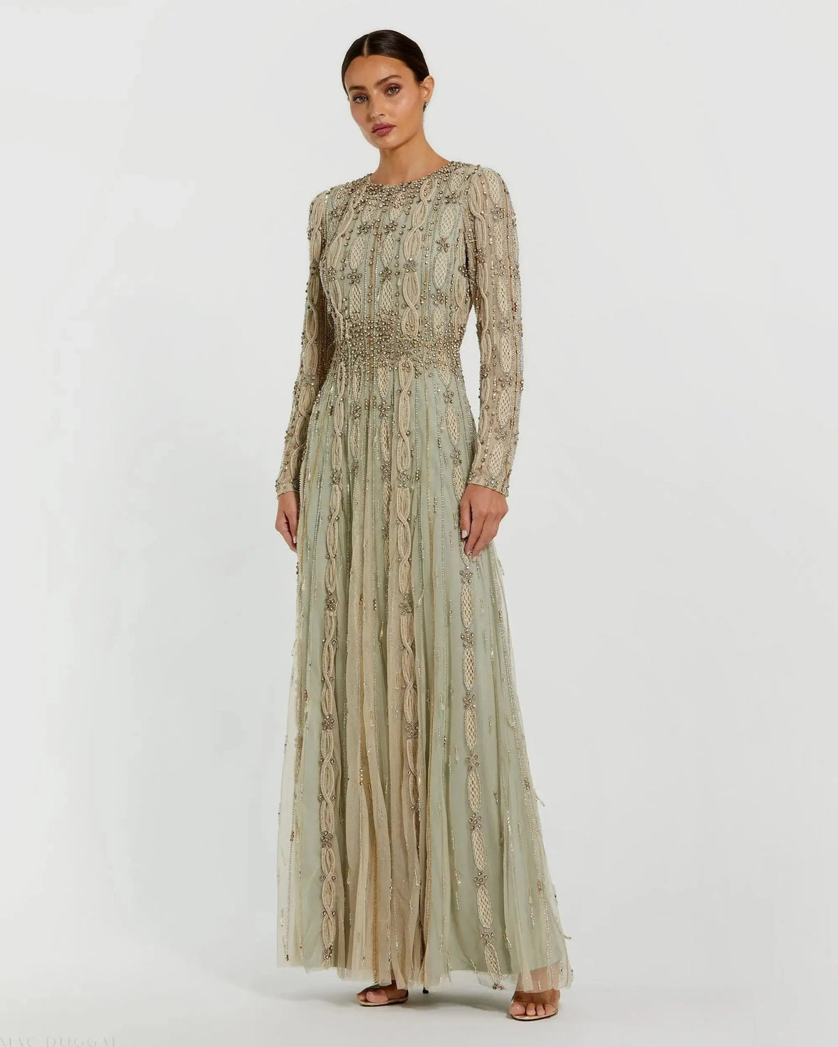 Mac Duggal Green Embellished Long Sleeve A-Line Gown