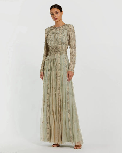Mac Duggal Green Embellished Long Sleeve A-Line Gown