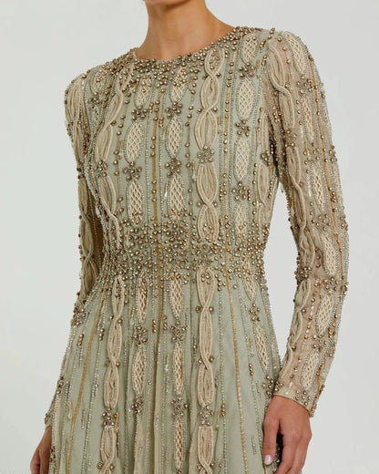 Mac Duggal Green Embellished Long Sleeve A-Line Gown