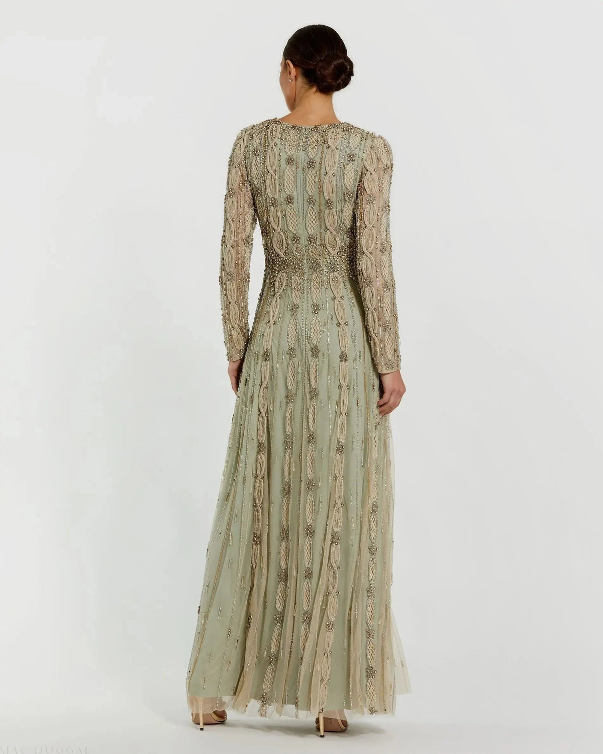 Mac Duggal Green Embellished Long Sleeve A-Line Gown