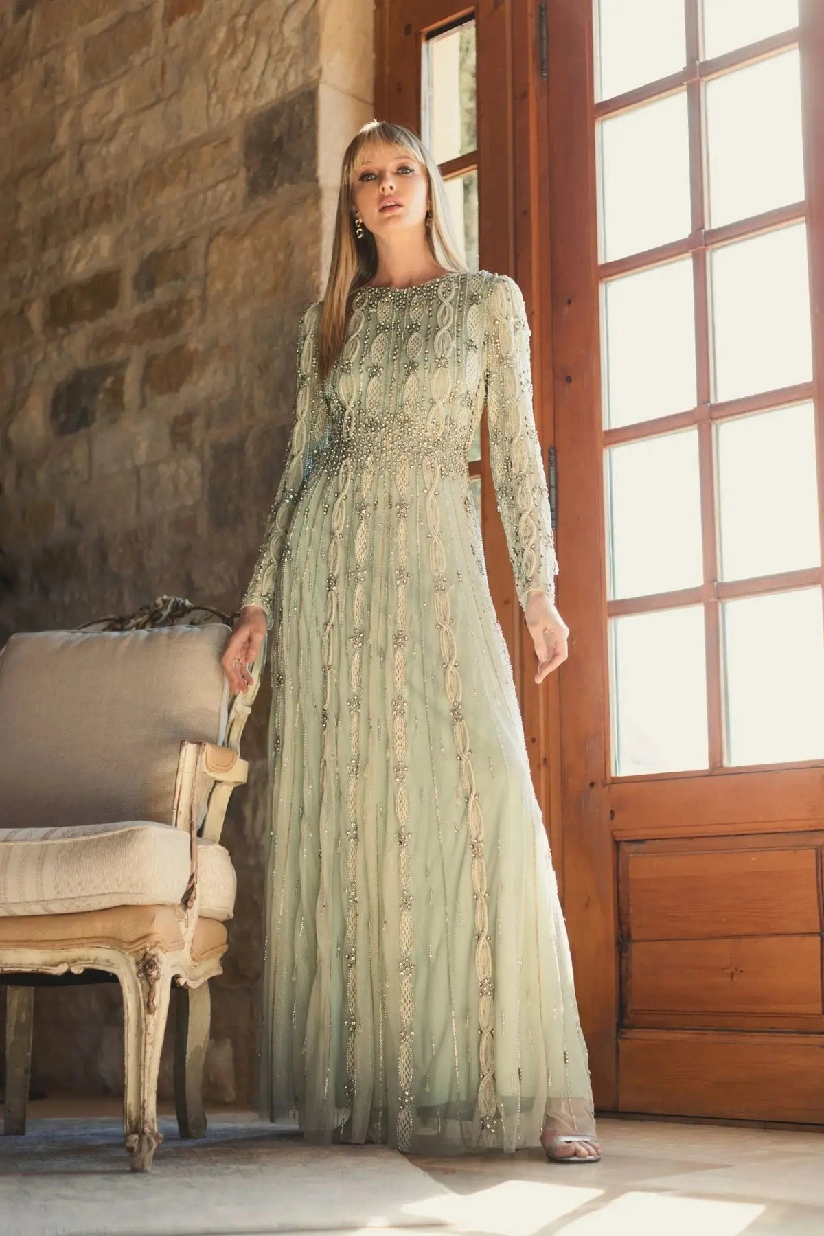 Mac Duggal Green Embellished Long Sleeve A-Line Gown
