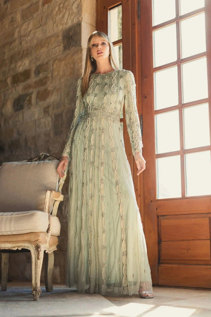 Mac Duggal Green Embellished Long Sleeve A-Line Gown