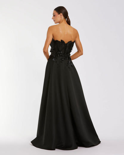 Mac Duggal Petite Black Strapless Satin Floral Embellished Ball Gown Duggal