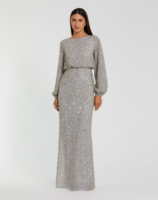 Mac Duggal Gray Sequin Blouson Long Sleeve Gown