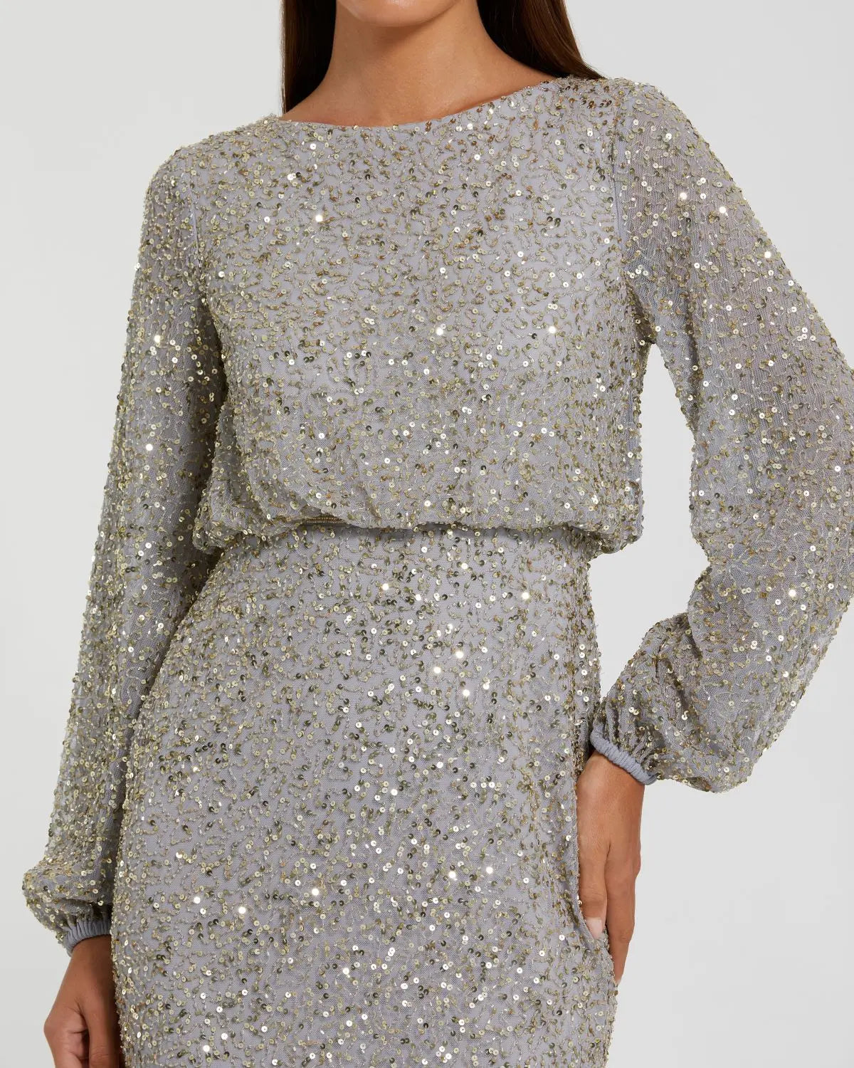 Mac Duggal Gray Sequin Blouson Long Sleeve Gown