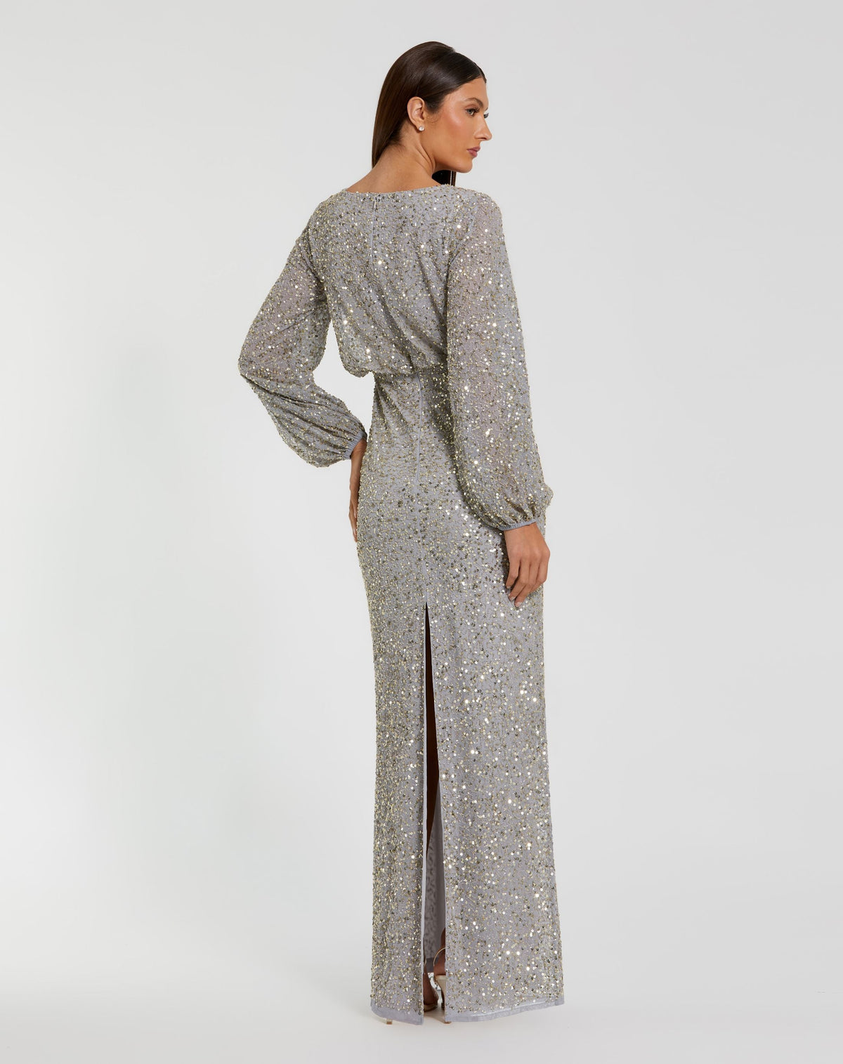 Mac Duggal Gray Sequin Blouson Long Sleeve Gown