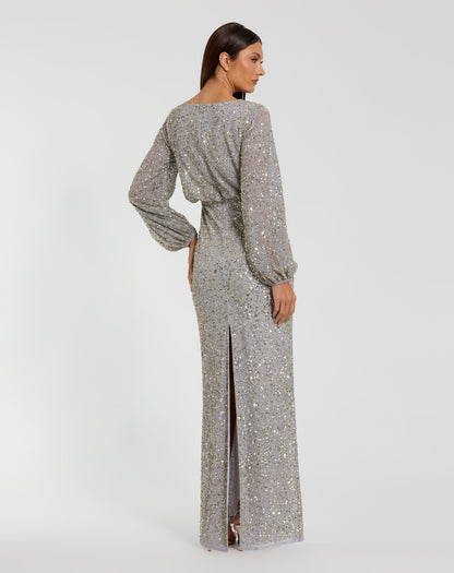 Mac Duggal Gray Sequin Blouson Long Sleeve Gown