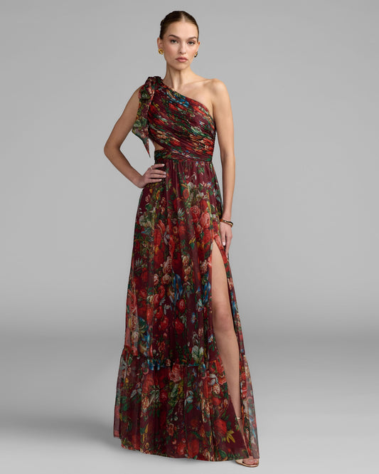 Mac Duggal Burgundy Floral Chiffon One Shoulder Cut Out Gown