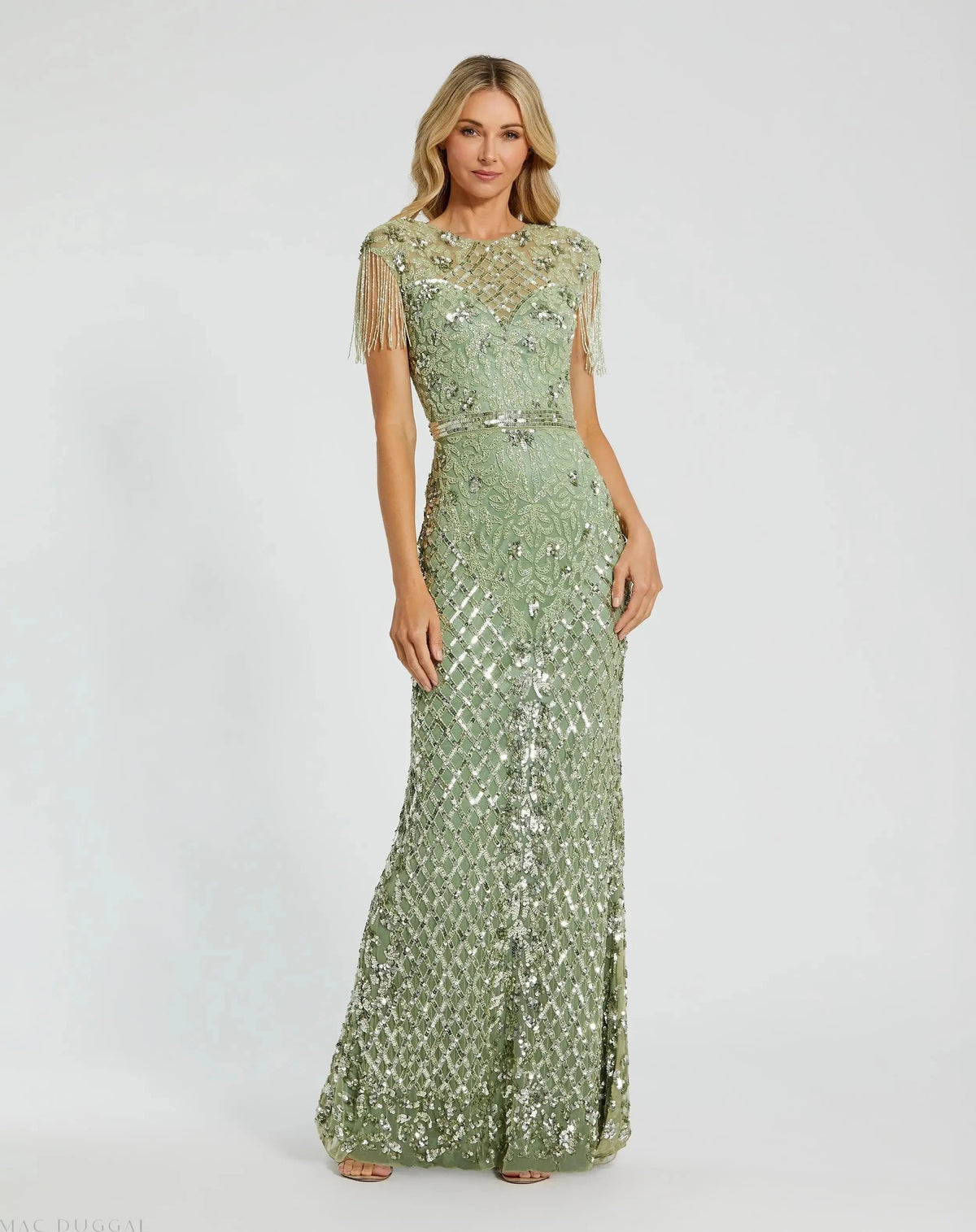 Mac Duggal Green High Neck Beaded Fringe Fitted Gown