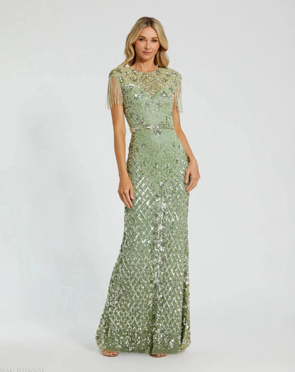 Mac Duggal Green High Neck Beaded Fringe Fitted Gown