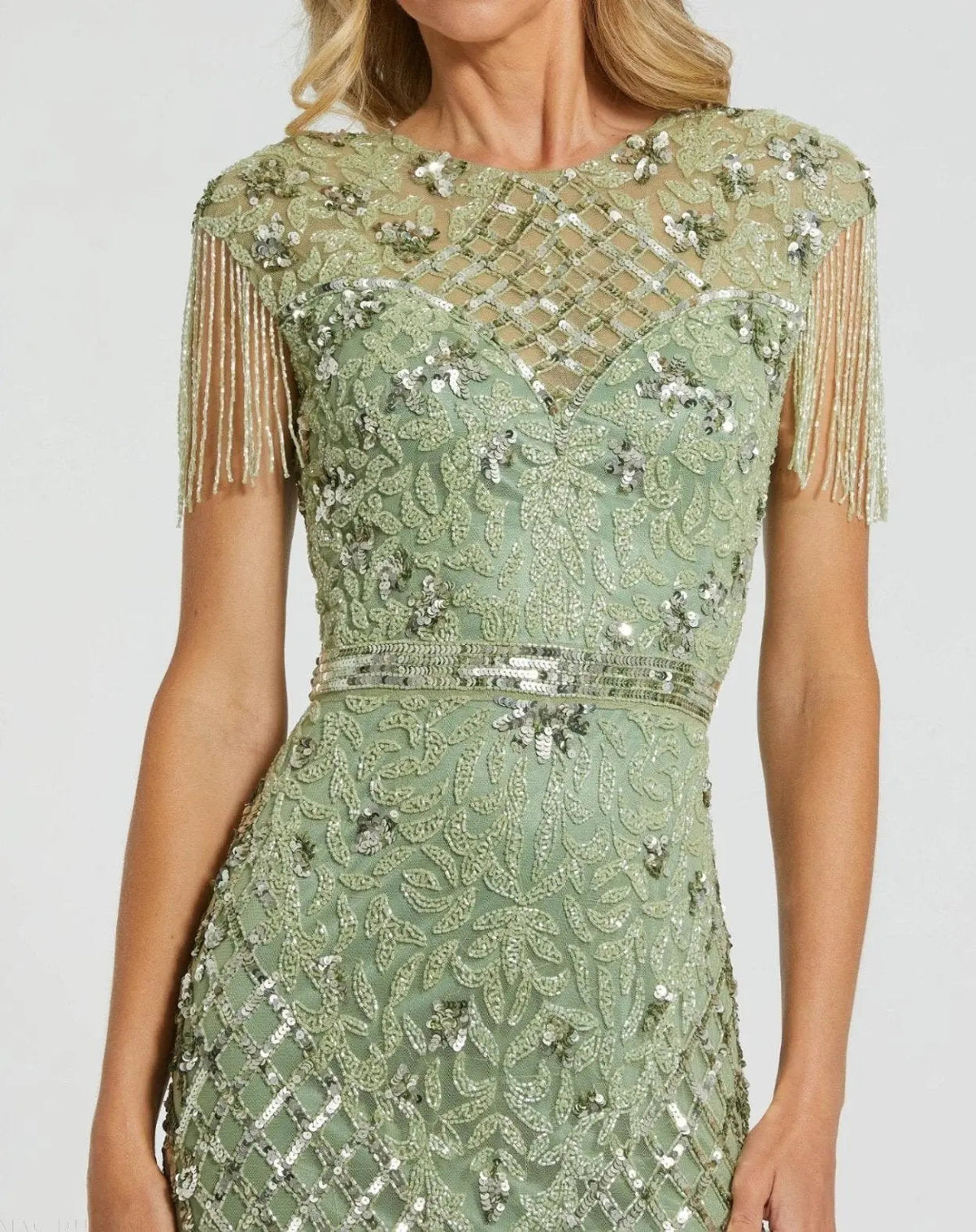 Mac Duggal Green High Neck Beaded Fringe Fitted Gown