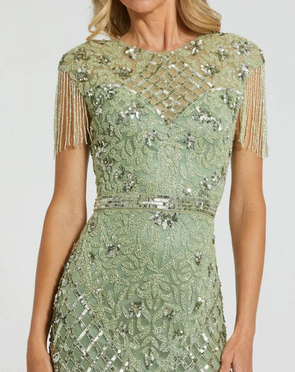 Mac Duggal Green High Neck Beaded Fringe Fitted Gown