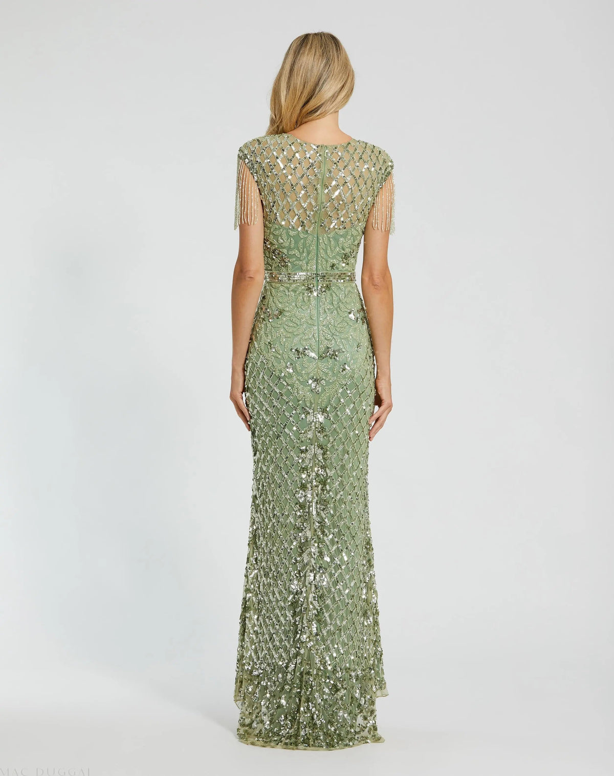 Mac Duggal Green High Neck Beaded Fringe Fitted Gown