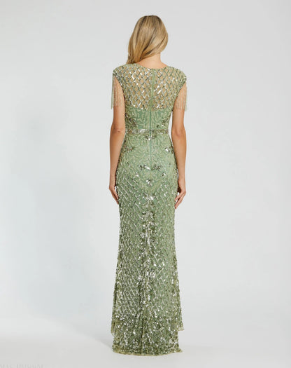Mac Duggal Green High Neck Beaded Fringe Fitted Gown