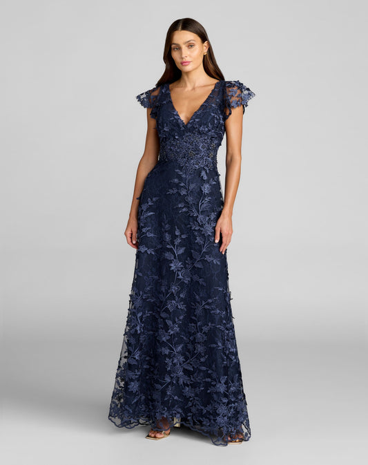 Mac Duggal Navy Floral Embroidered Flutter Sleeve Gown