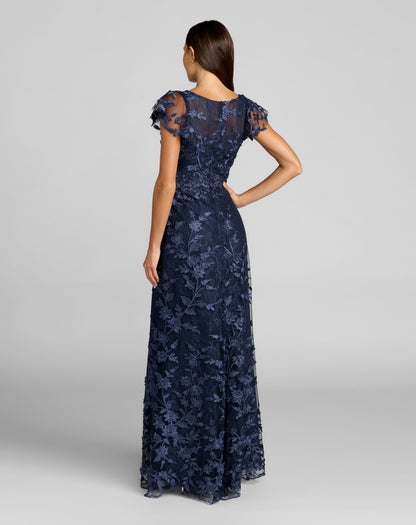 Mac Duggal Navy Floral Embroidered Flutter Sleeve Gown