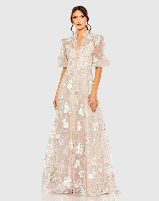 Mac Duggal Pink Queen Anne Puff Sleeve A-Line Gown