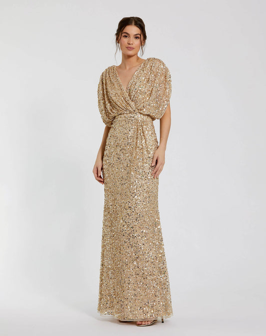 Mac Duggal Petite Gold Draped Sleeve V Neck Gown