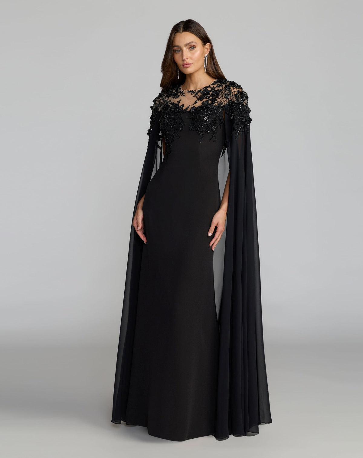 Mac Duggal Black Floral Embellished Crepe Gown With Chiffon Cape