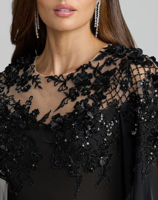 Mac Duggal Black Floral Embellished Crepe Gown With Chiffon Cape