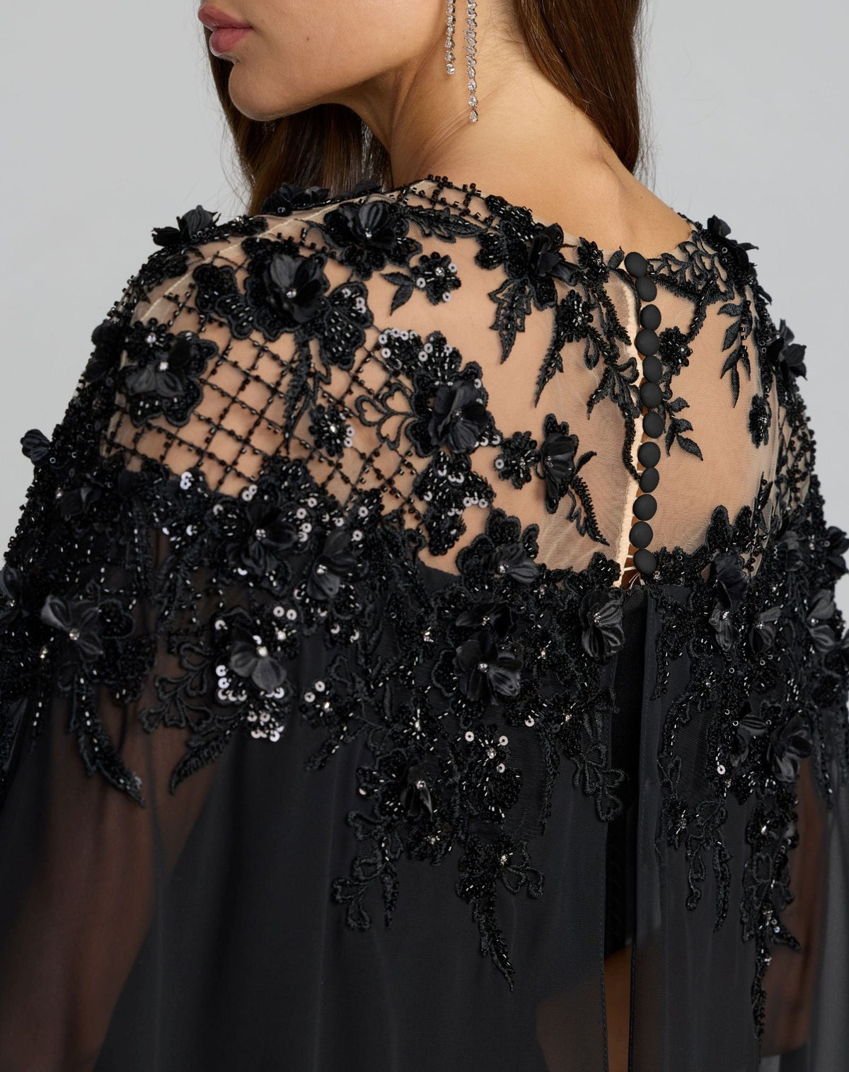 Mac Duggal Black Floral Embellished Crepe Gown With Chiffon Cape