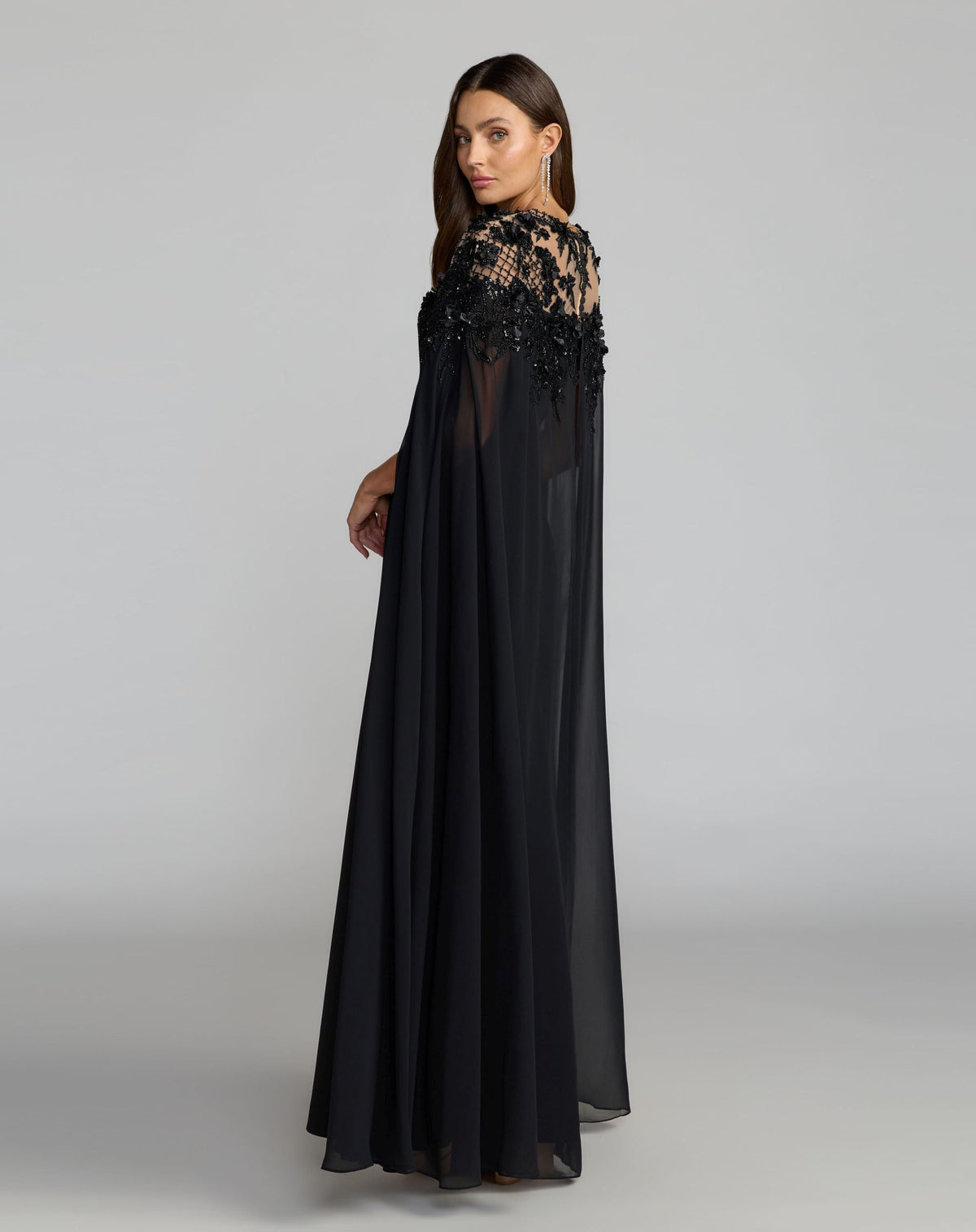 Mac Duggal Black Floral Embellished Crepe Gown With Chiffon Cape
