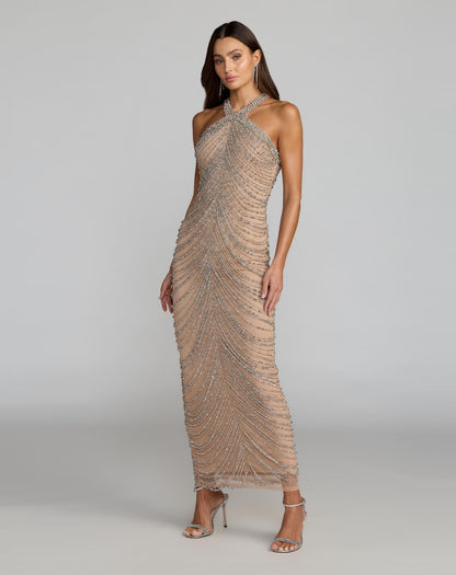 Mac Duggal Beige Halter Neck Embellished Maxi Dress