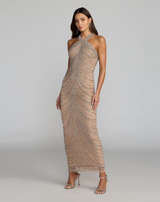 Mac Duggal Beige Halter Neck Embellished Maxi Dress