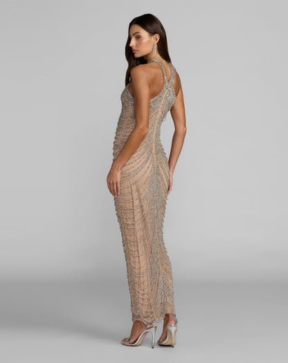 Mac Duggal Beige Halter Neck Embellished Maxi Dress