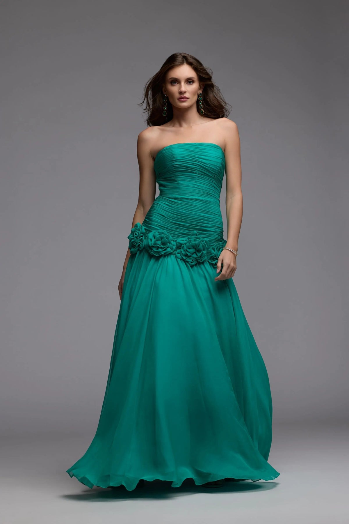 Mac Duggal Green Strapless Chiffon Ball Gown With 3D Flowers