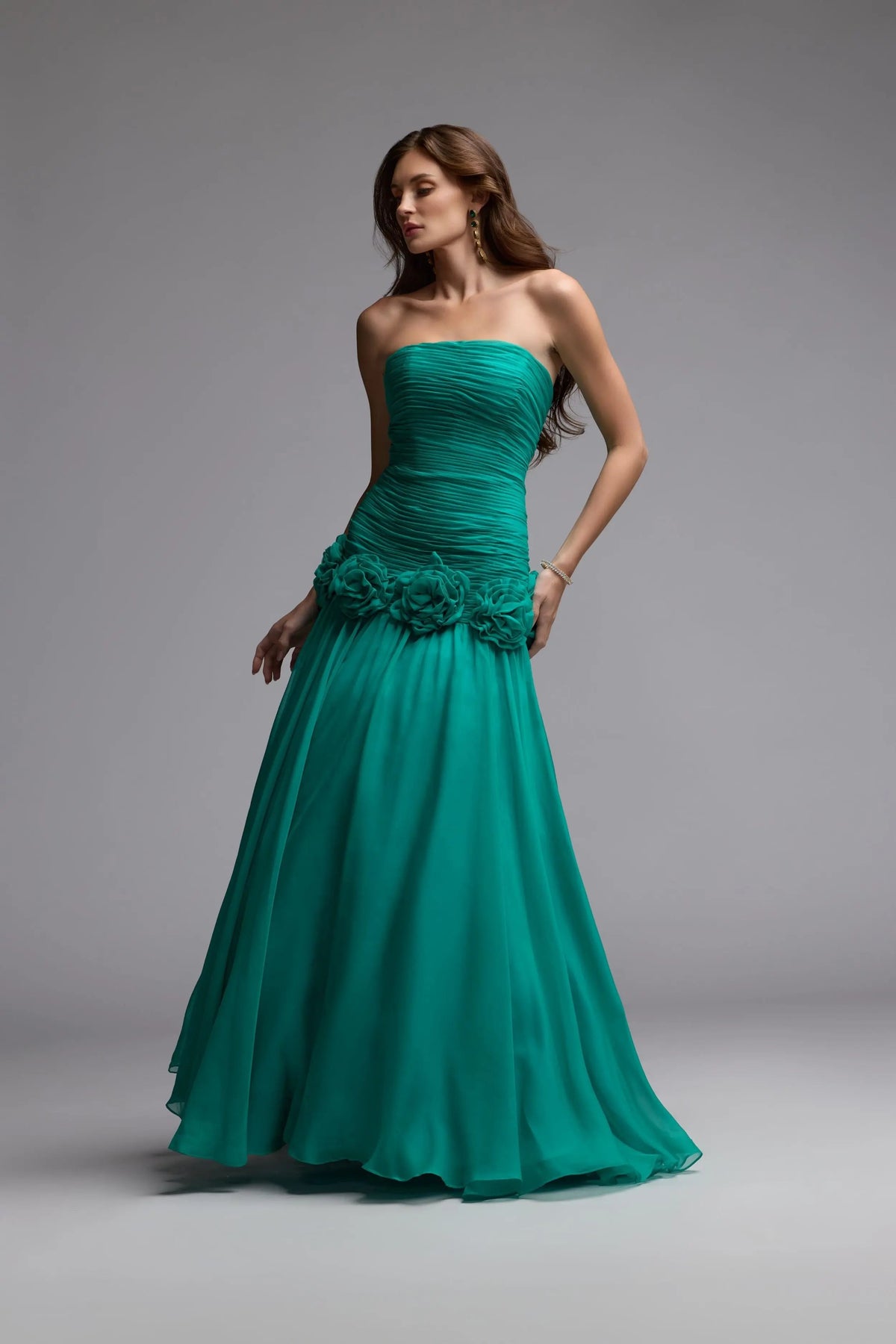 Mac Duggal Green Strapless Chiffon Ball Gown With 3D Flowers