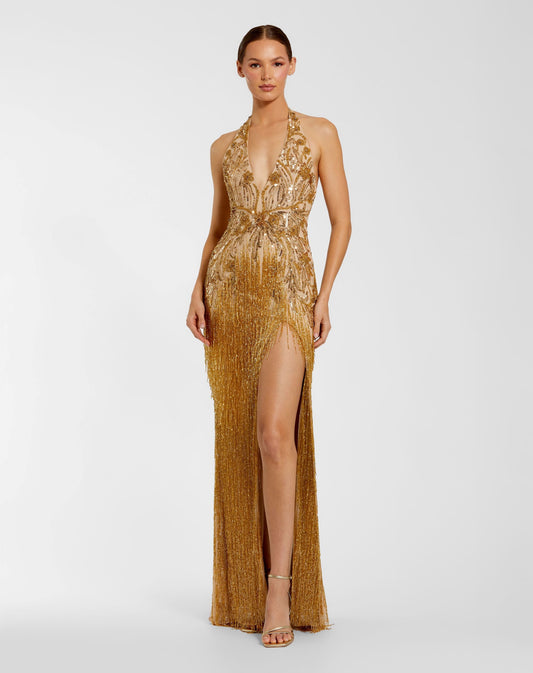 Mac Duggal Gold Embellished Halter Gown with Beaded Fringe